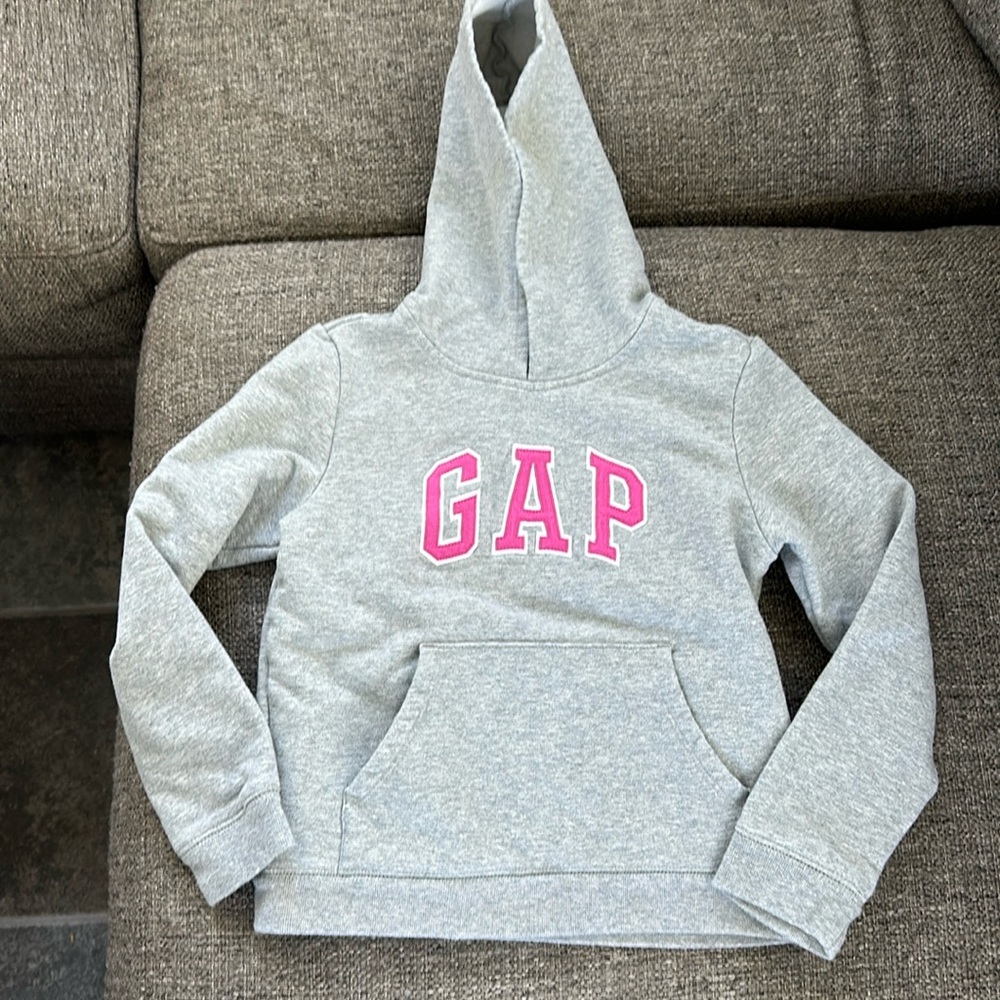 Gap Kids Girls Classic Arch Logo Pullover Hoodie Heather Gray Pink S 6/7
